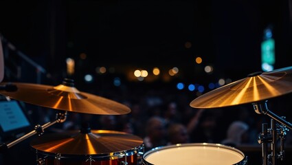 Obraz premium Drum set waits for performance in a lively concert setting full of lights and energy