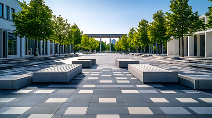 Berlin modern urban plaza with open seating and geometric paving minimalist cityscape