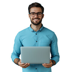 A young man in a blue shirt holding a laptop against a transparent background, smiling and showcasing the computer, ideal for promotional content.