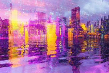 Obraz premium cyberpunk cityscape reflected in rippling digital surface with neon accents