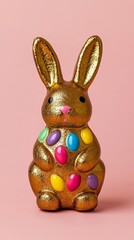 Fototapeta premium Chocolate Easter bunny wrapped in shimmering gold foil isolated on a clean peach background with colorful candy accents, sweet and celebratory 