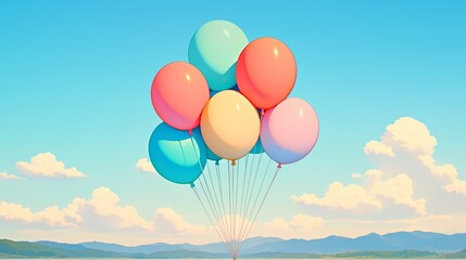 Fototapeta premium Floating Easter basket made of helium-filled balloons, holding lightweight pastel-wrapped treats and painted eggs, whimsical and fun design 