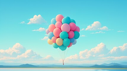 Fototapeta premium Floating Easter basket made of helium-filled balloons, holding lightweight pastel-wrapped treats and painted eggs, whimsical and fun design 