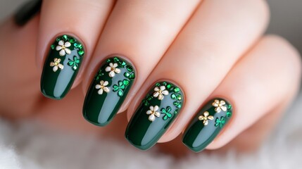 French manicure with green tips adorned with tiny shamrocks and gold rhinestones, classic yet festive for St Patrick’s Day 