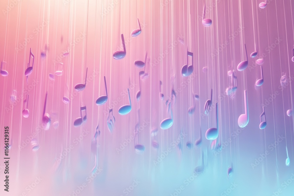 Aufkleber Colorful 3D music notes falling through a vibrant gradient background in a dreamy atmosphere. Generative AI