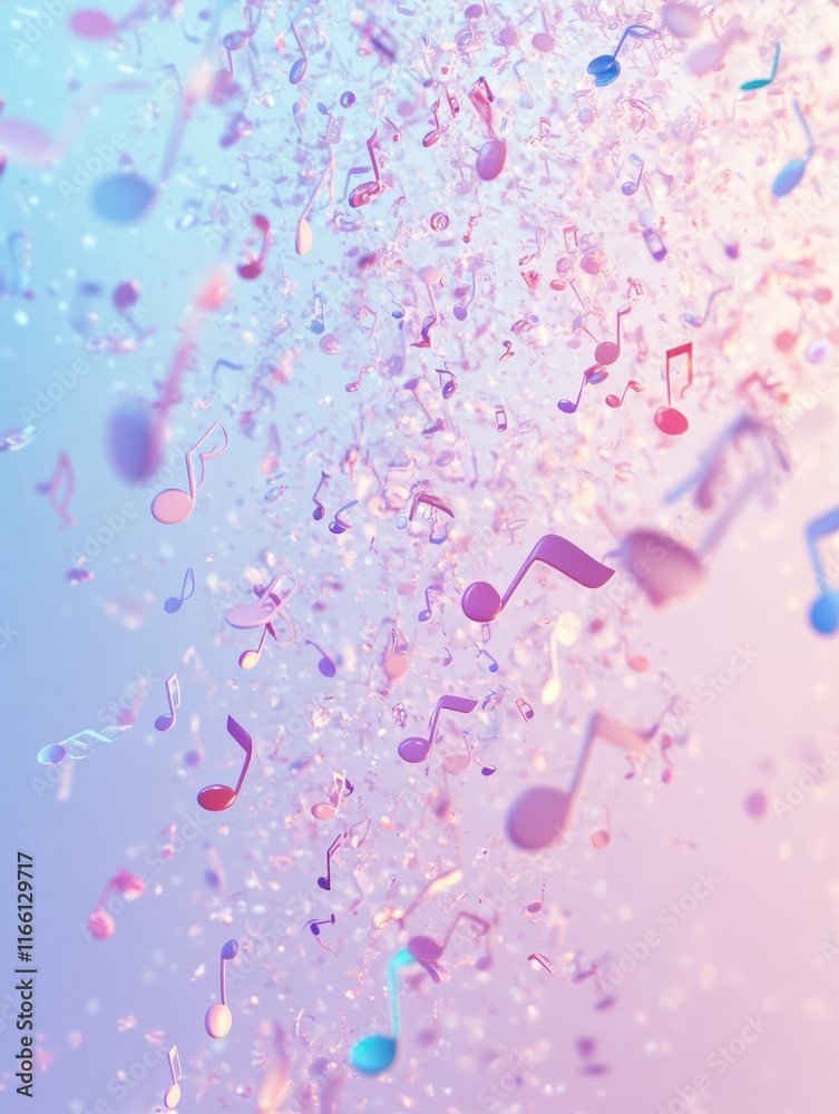 Leinwandbilder colorful 3d music notes floating in a vibrant abstract background with soft pastel hues and glitteri