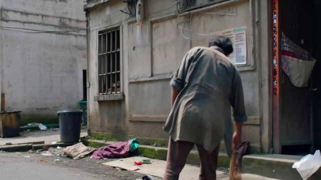 Homeless poor man working, highlighting the resilience and struggle for survival in challenging living conditions while trying to make a living