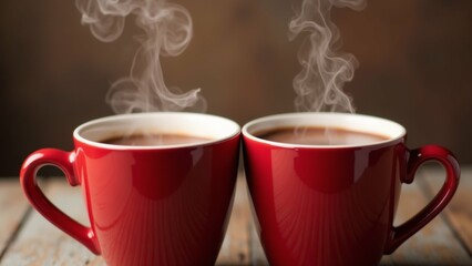 The image shows two red coffee mugs on a wooden table. The mugs are filled with a dark brown liquid, possibly coffee, and there is a wisp of white smoke rising from one of the mugs.