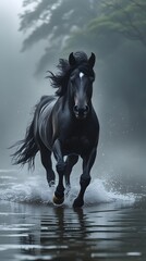 Obraz premium A black stallion gallops through shallow water, its mane flowing wildly as droplets splash around it.