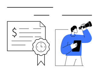 Man holding tablet and binoculars examining a document with a clock-emblazoned badge. Ideal for business strategy, financial planning, market research, investment analysis, time management