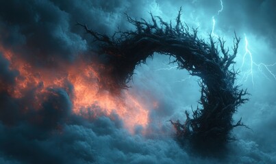 Stormy sky, dead tree arch, fiery clouds.