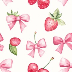 Watercolor seamless pattern with pink bows and strawberries.