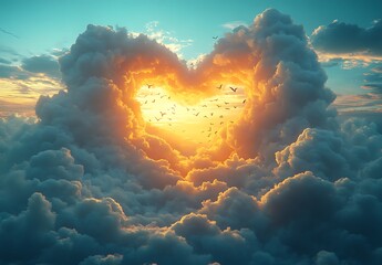 Heart-shaped cloud with birds soaring in the sky


