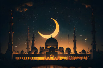 Generative illustration of silhouette of Grand mosque with yellow crescent moon in night background. Ramadan concept