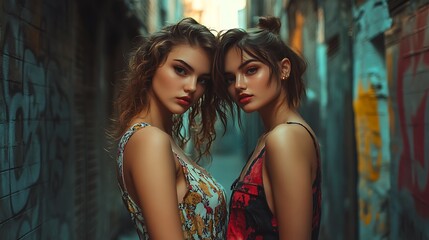 Fototapeta premium Trendy urban portrait of two women posing in modern outfits on a stylish street.