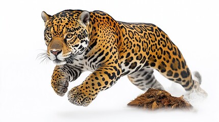 Fototapeta premium Powerful jaguar leaps gracefully in action. Big cat displays strength, agility. Rosette pattern evident on fur. Wild animal in motion. Predatory mammal in natural habitat. Orange, black fur. Jaguar