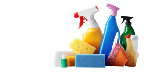 collection of various cleaning products. including spray bottles and sponges. arranged together the bright colors and different shapes highlight their purpose for household cleaning tasks this composi
