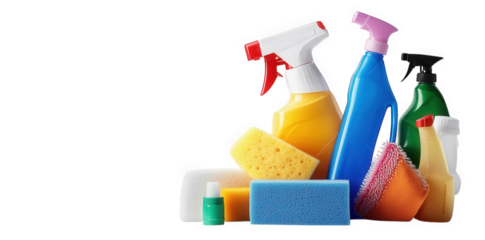 collection of various cleaning products. including spray bottles and sponges. arranged together the bright colors and different shapes highlight their purpose for household cleaning tasks this composi