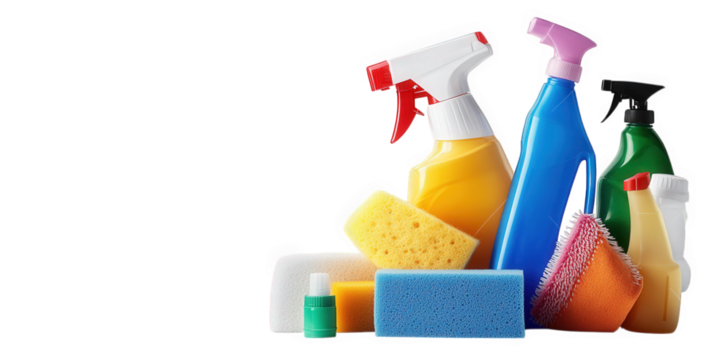 collection of various cleaning products. including spray bottles and sponges. arranged together the bright colors and different shapes highlight their purpose for household cleaning tasks this composi
