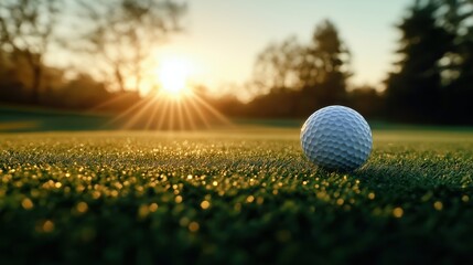 Golf ball on fairway at golden hour. Beautiful sunset light shines on rich green grass. Perfect for golf wallpaper nature background. Relaxing, peaceful scene in outdoor recreation area. Peaceful