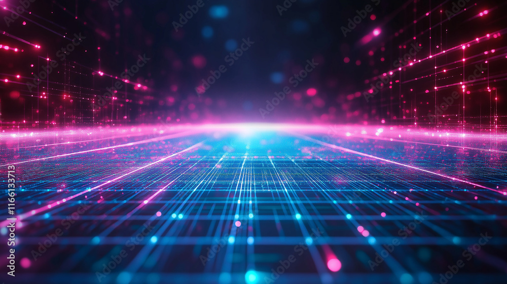 Poster a futuristic grid with glowing lines and geometric patterns in neon blue, purple, and pink tones. th