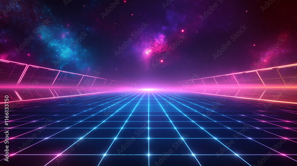 Poster A futuristic grid with glowing lines and geometric patterns in neon blue, purple, and pink tones. The background is abstract with a technological vibe