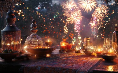 A Vibrant Evening Celebration Featuring Colorful Lanterns, Sparkling Fireworks, and an Ornate Table Set with Candles and Exotic Dishes Under a Starry Sky