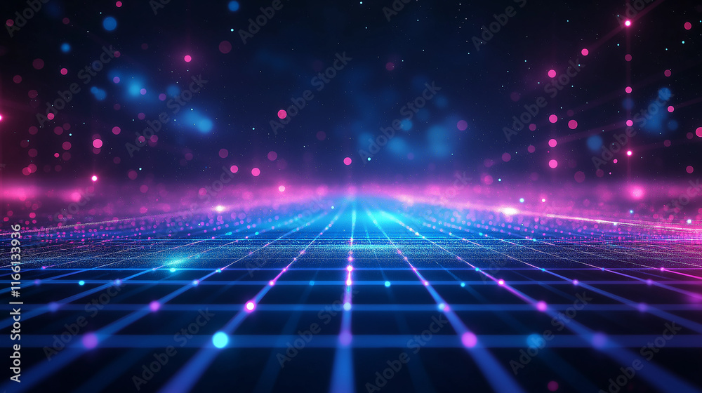 Poster a futuristic grid with glowing lines and geometric patterns in neon blue, purple, and pink tones. th