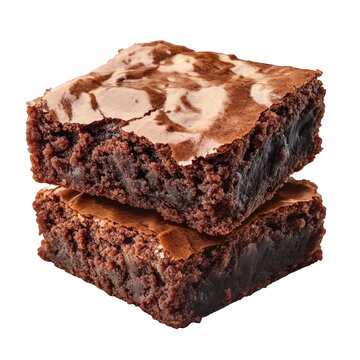 two stacked chocolate brownies. showcasing a rich. fudgy texture with a shiny top layer the brownies appear moist and decadent. making them an appealing dessert option the clean white background empha
