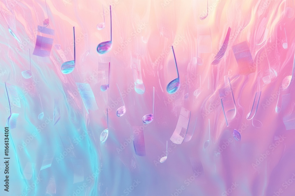 Aufkleber colorful 3d music notes flowing in a vibrant abstract space with soft pastel hues and a dreamlike at