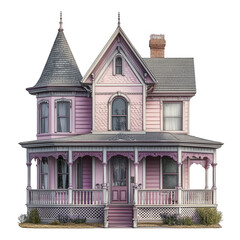 Obraz premium a charming victorian-style house featuring a pink exterior. intricate woodwork. and a wraparound porch. showcasing architectural elegance and historical design the house has multiple gables and a turr