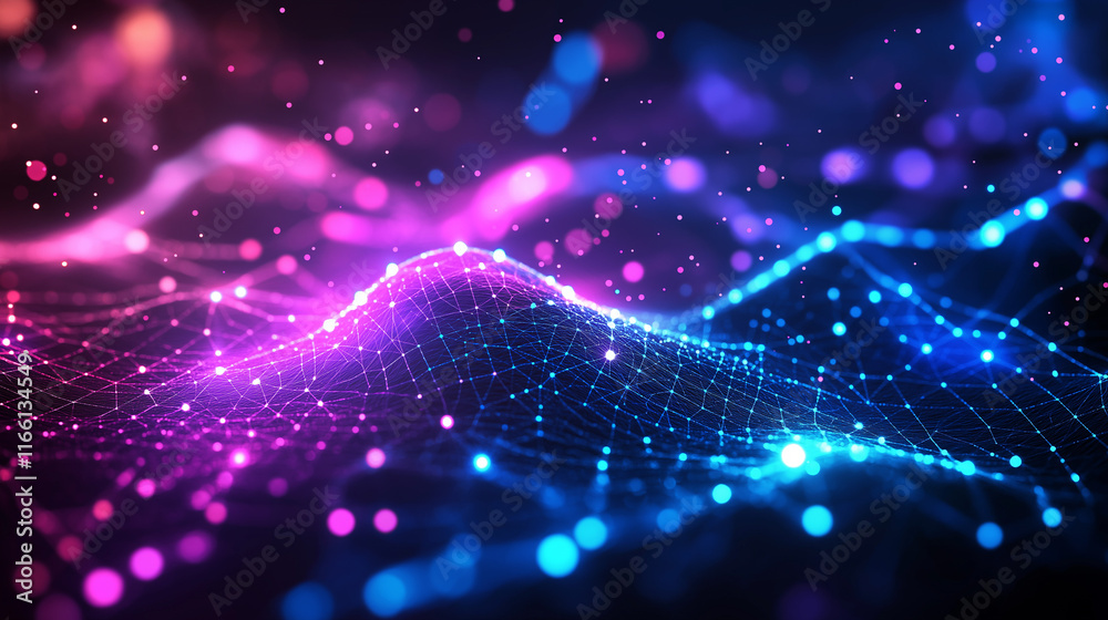 Poster futuristic glowing grid in neon tones for tech-themed designs. abstract background perfect for prese