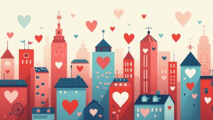The image is an illustration of a cityscape with multiple buildings in different colors and styles. The buildings are arranged in a grid-like pattern, with each building having a unique design.