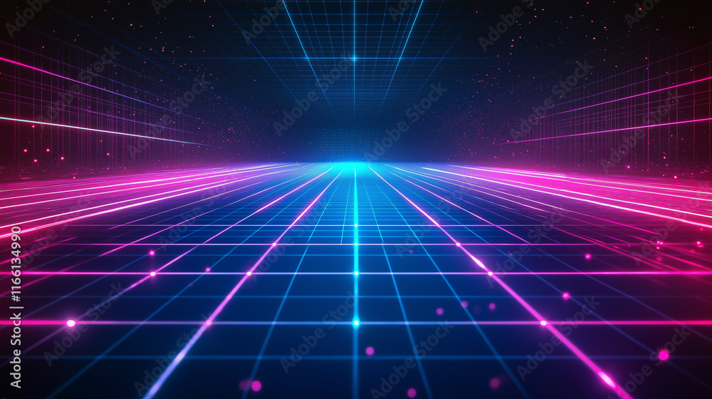 Poster Dynamic tech-inspired geometric background with neon lights. Ideal for digital content, modern websites, and tech branding materials.
