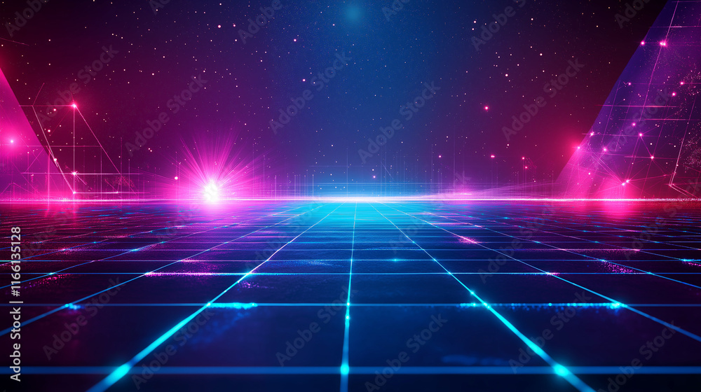 Poster High-tech abstract grid featuring a vibrant gradient and glowing lines. A sleek choice for innovation-focused visuals and designs.
