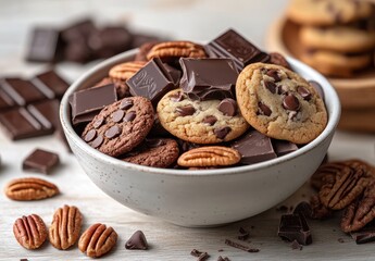 Fototapeta premium Assorted Cookies and Chocolate Pieces Piled in a Bowl Surrounded by Pecans on a Rustic Wooden Surface for Delicious Dessert Ideas
