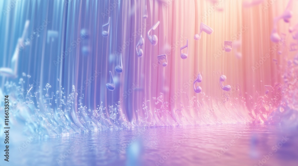 Aufkleber Dynamic flow of 3D music notes falling into a serene water surface in a colorful setting. Generative AI