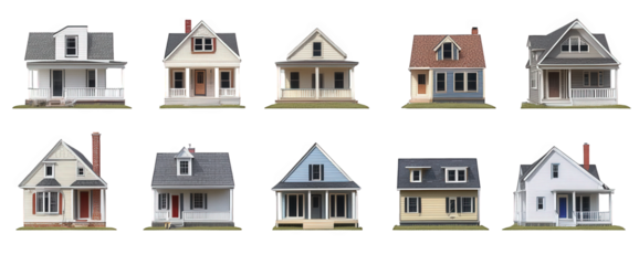 a collection of ten distinct house designs. each with unique architectural styles and colors. arranged in a grid format this visual representation highlights various residential structures. illustrati