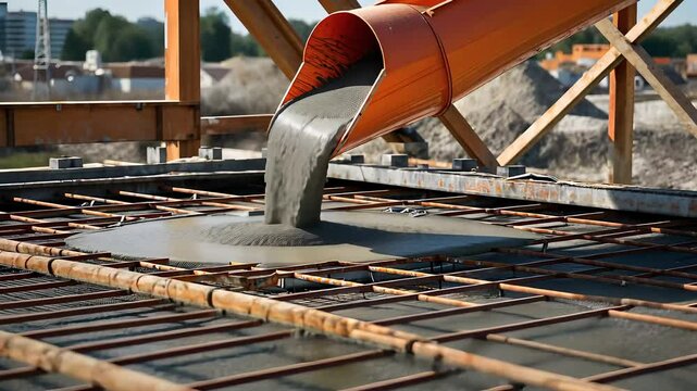 Construction Site with Wet Concrete Pouring from Chute onto Steel Reinforcement Bars for Building Foundation Work

