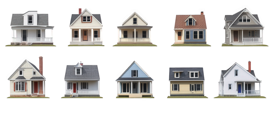 a collection of ten distinct house designs. each with unique architectural styles and colors. arranged in a grid format this visual representation highlights various residential structures. illustrati