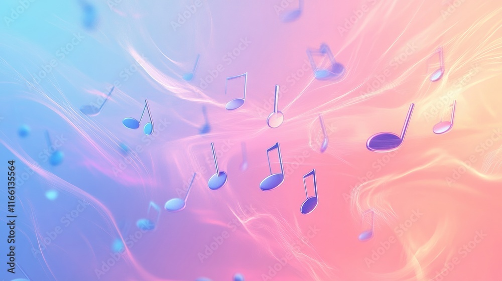 Aufkleber Colorful 3D music notes floating in a vibrant background of soft pastel colors at an artistic digital space. Generative AI
