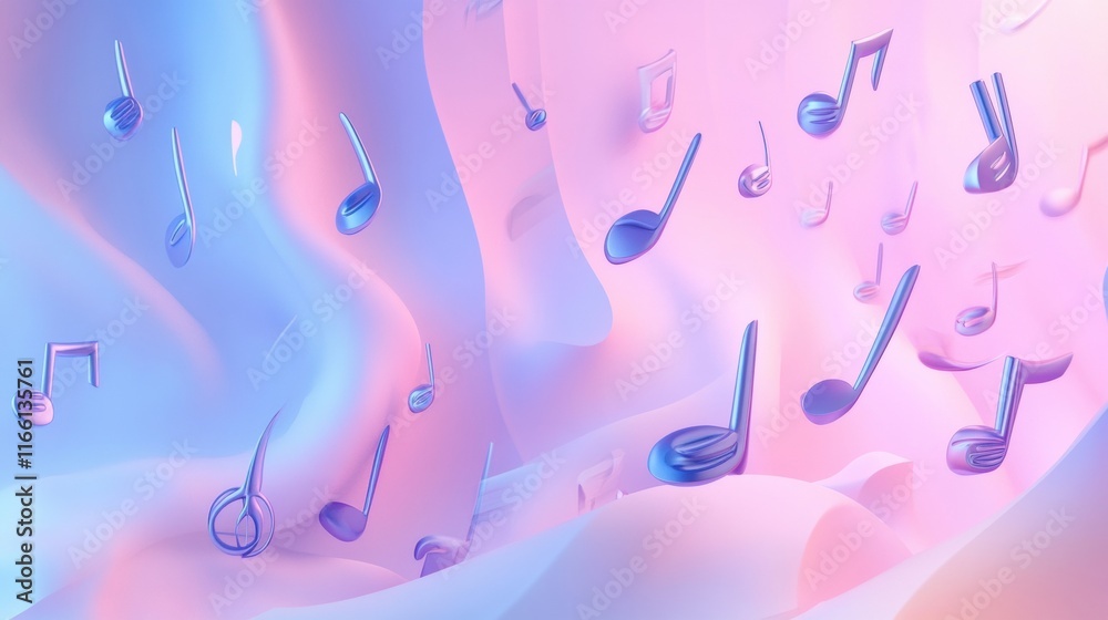 Fototapete colorful 3d music notes floating in a whimsical pastel environment with soft curves and waves. gener