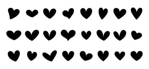 Set of black hearts, stylized hearts of different shapes isolated from the background. Valentine's Day hearts. Vector illustration. Symbols of love, romance and wedding