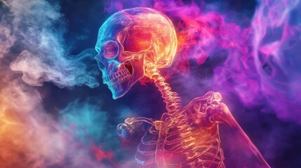 A vibrant, surreal depiction of a skeleton engulfed in swirling, colorful smoke.  The skull is the focal point, radiating with intense hues.