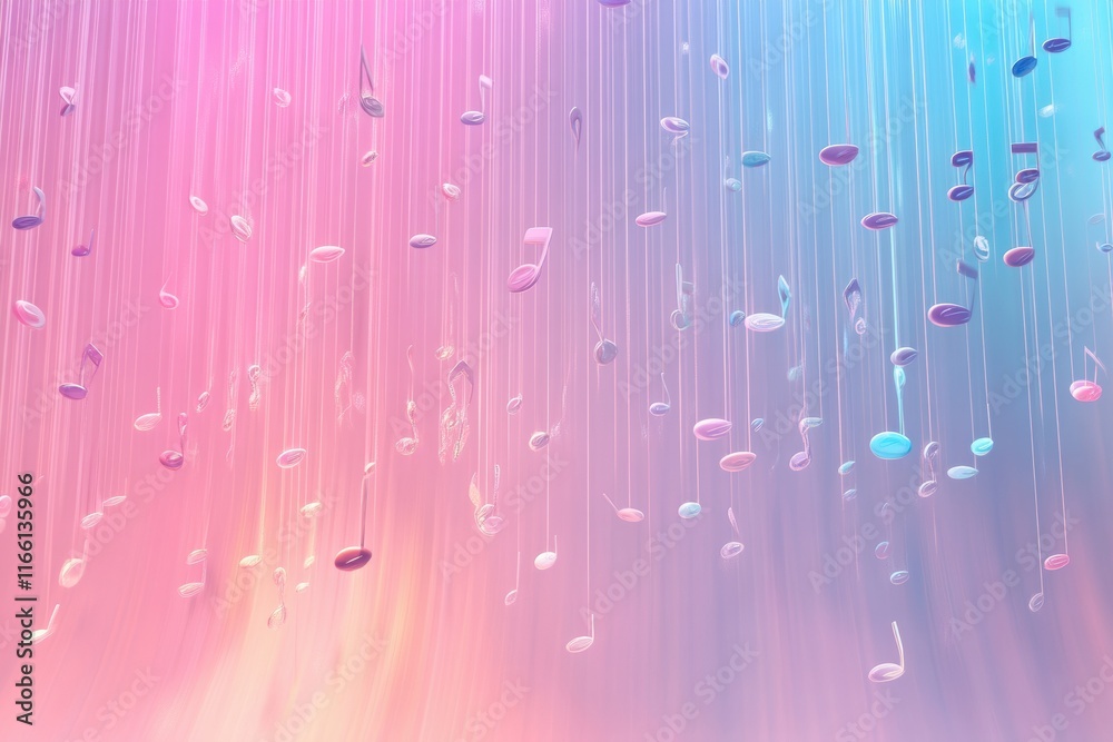Poster 3D music notes hanging in a vibrant gradient background creating a colorful musical atmosphere. Generative AI