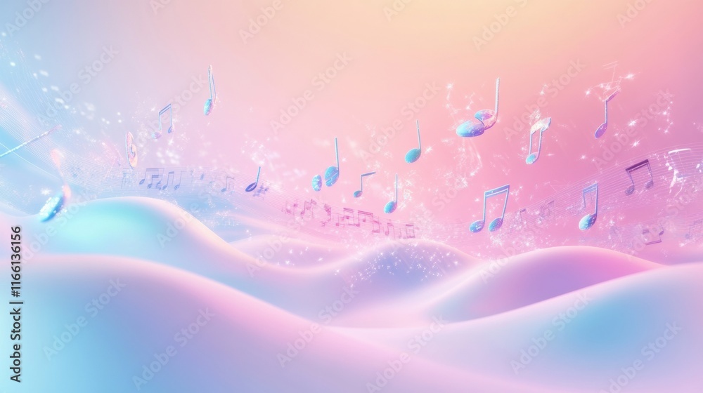 Poster colorful 3d music notes floating above a soft pastel landscape at dawn. generative ai
