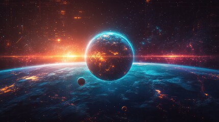 Obraz premium Futuristic planet with vibrant atmosphere and glowing celestial bodies in outer space.