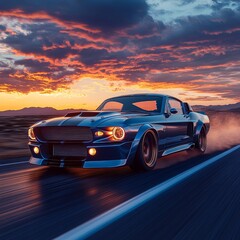 Classic Muscle Car Speeds Down Highway at Sunset With Dramatic Clouds in the Background Creating a Stunning Visual Spectacle