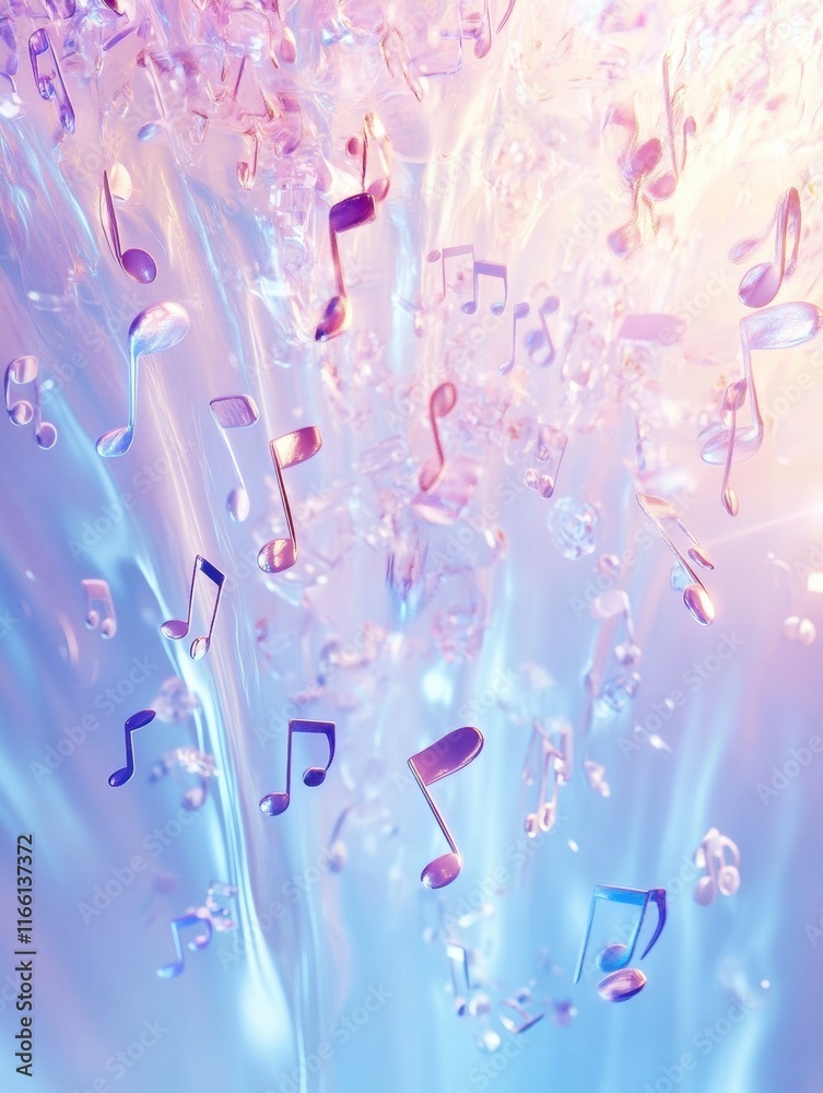 Aufkleber Floating 3D music notes surrounded by a vibrant light display in a dreamy atmosphere. Generative AI