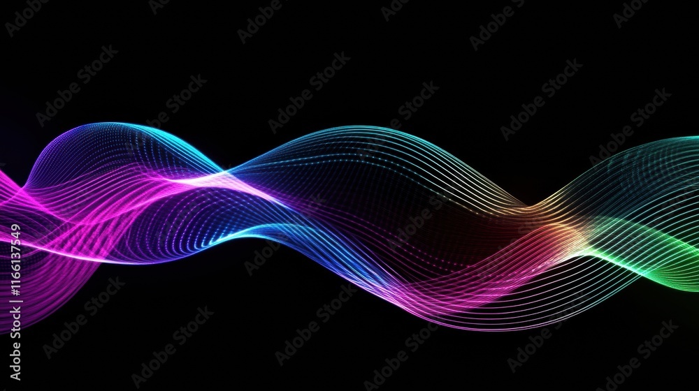 Poster vibrant abstract neon lines glowing in colorful waves against a dark background. generative ai